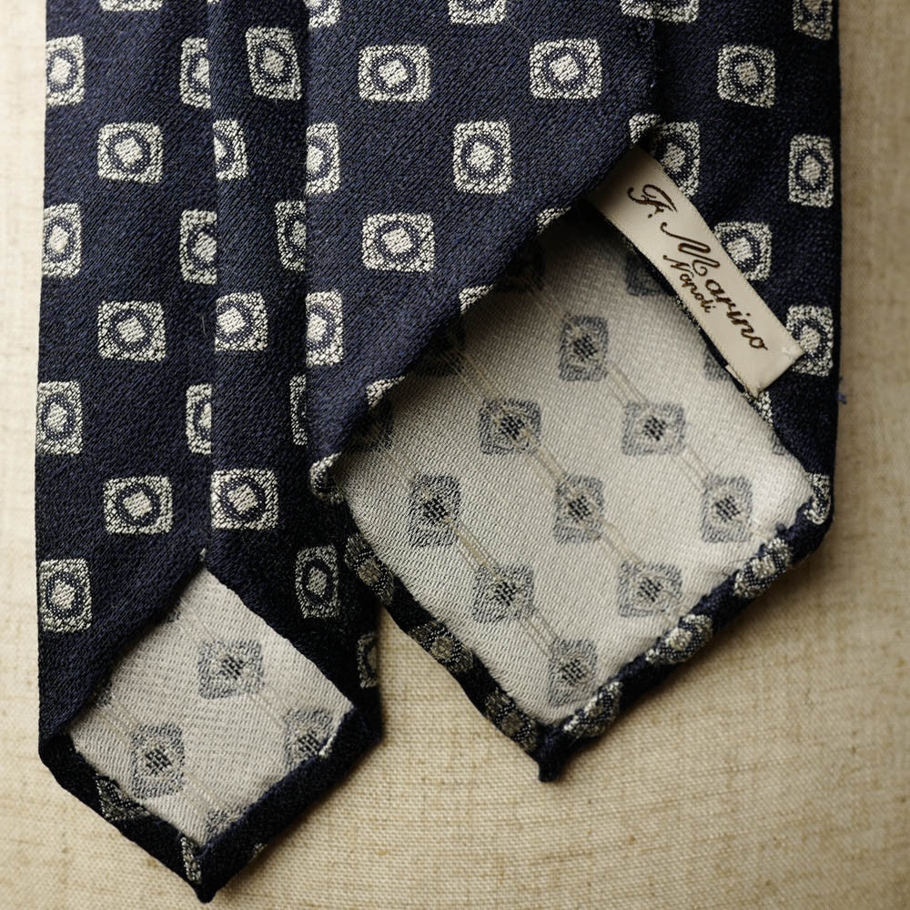 Navy Seven-Fold Woven Linen/Silk Tie with Diamond Motif