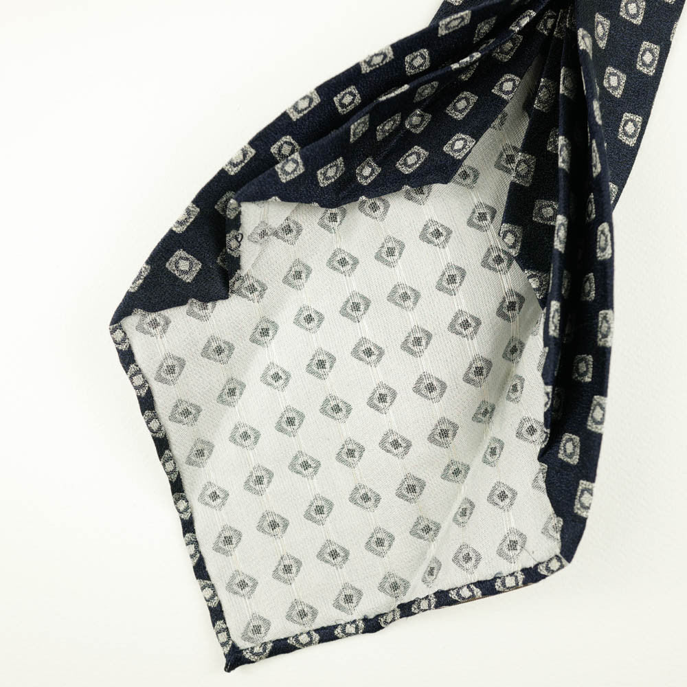Navy Seven-Fold Woven Linen/Silk Tie with Diamond Motif