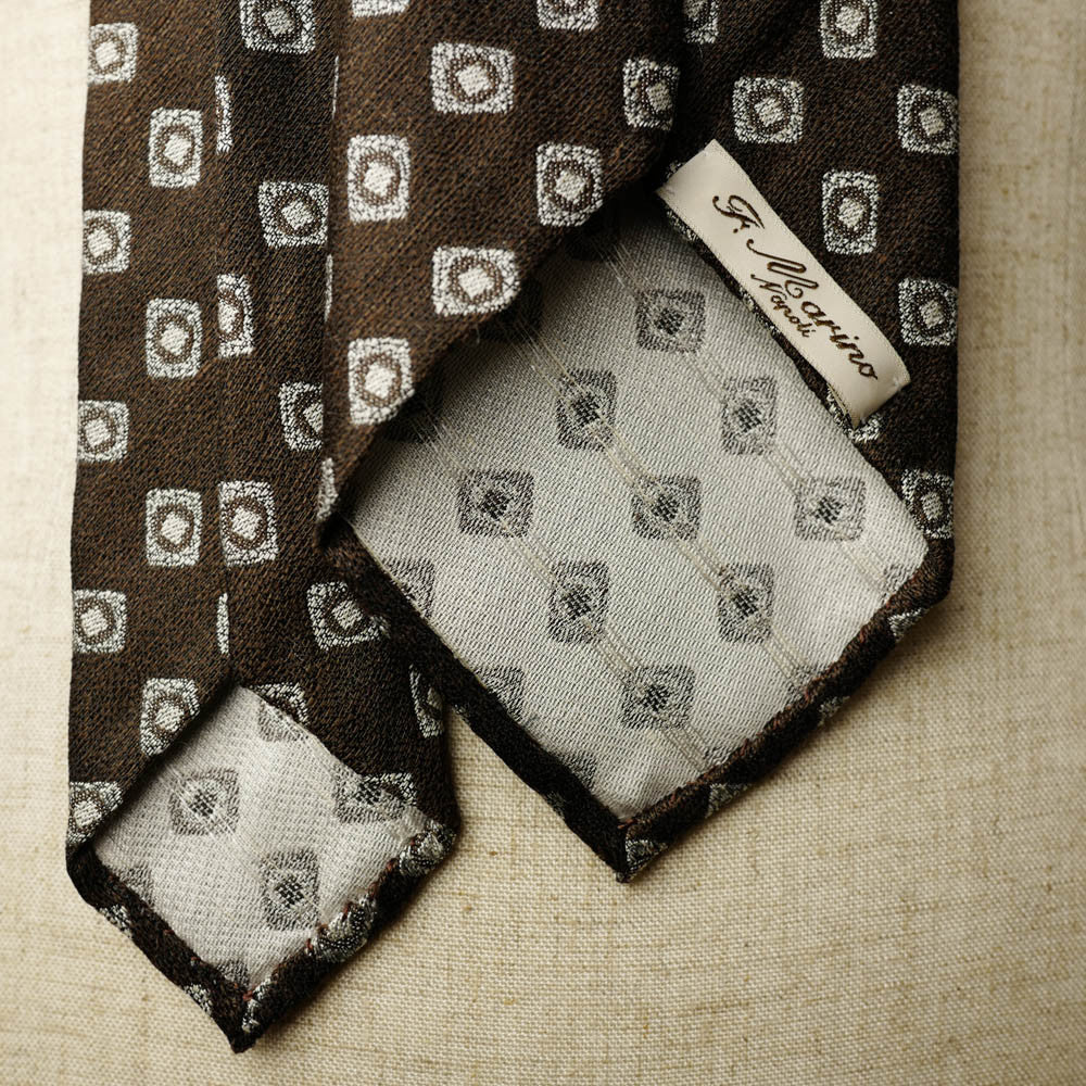 Brown Seven-Fold Woven Linen/Silk Tie with Diamond Motif