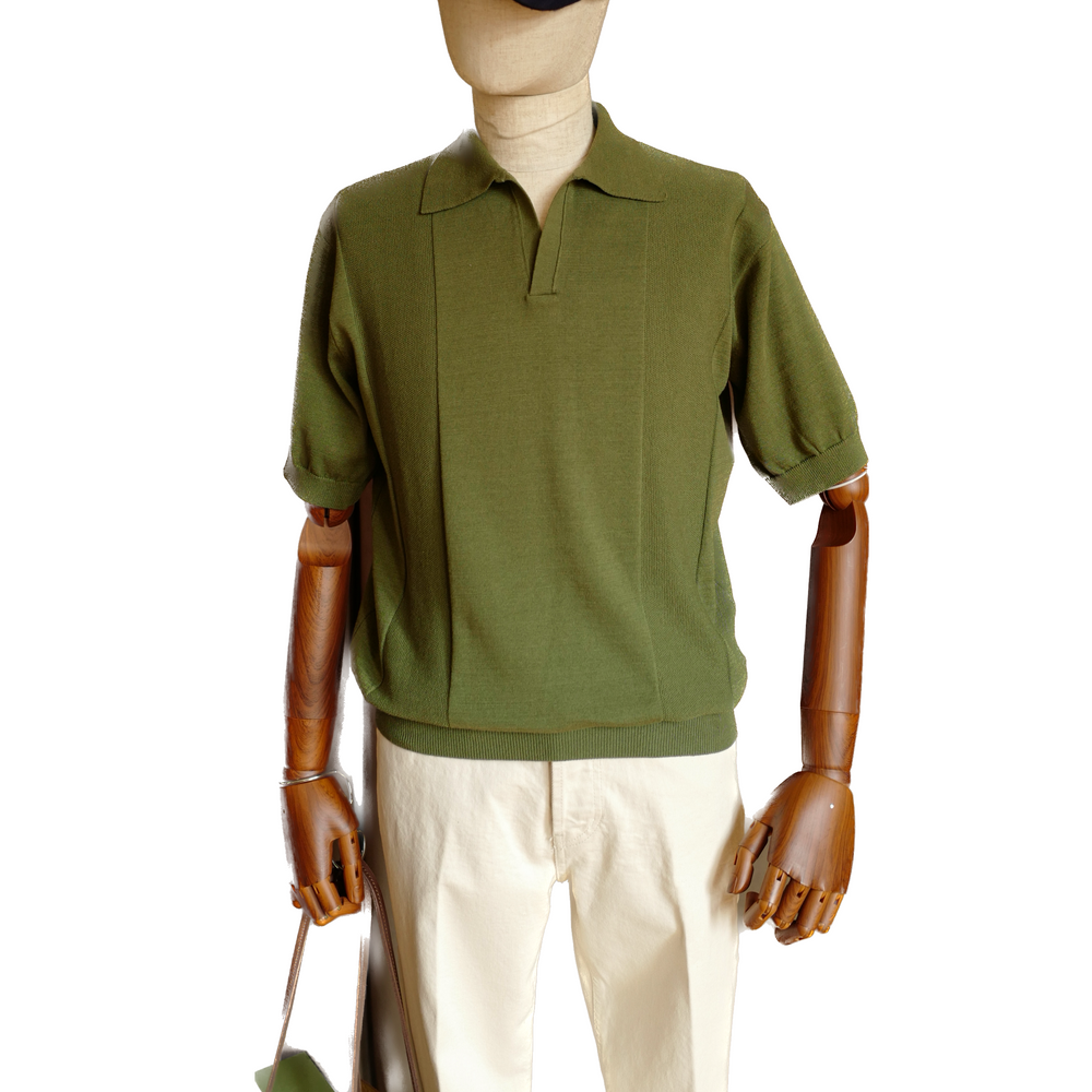 Open Collar Knit Polo in Green