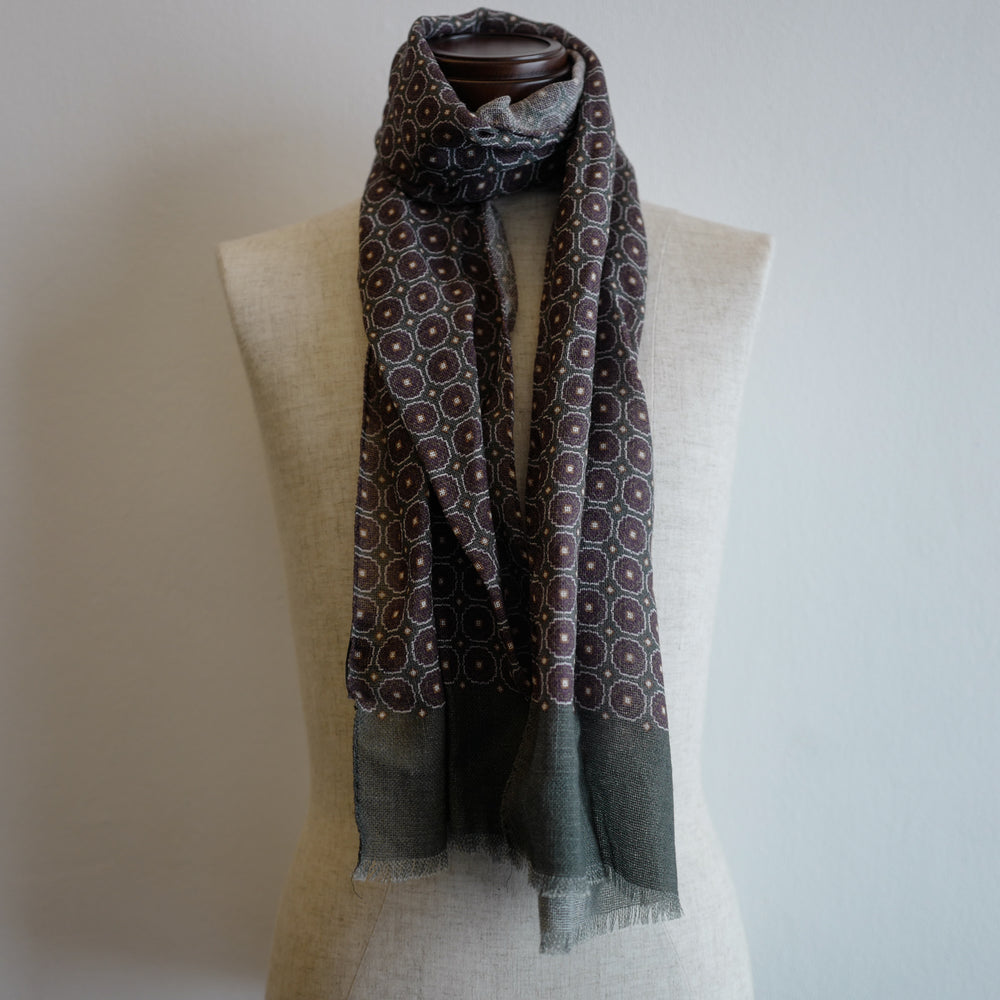 Green/Brown Wool Scarf with Medallion Print