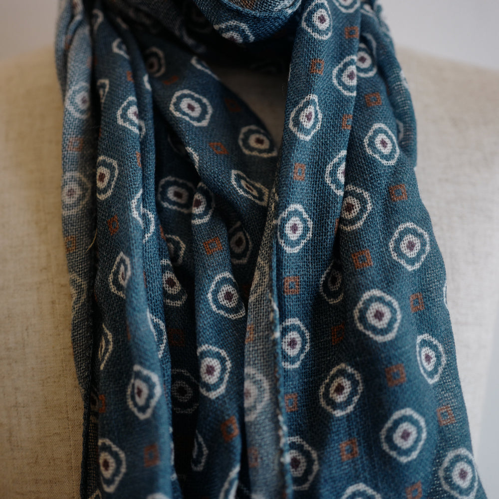 Blue/White Wool Scarf with Medallion Print