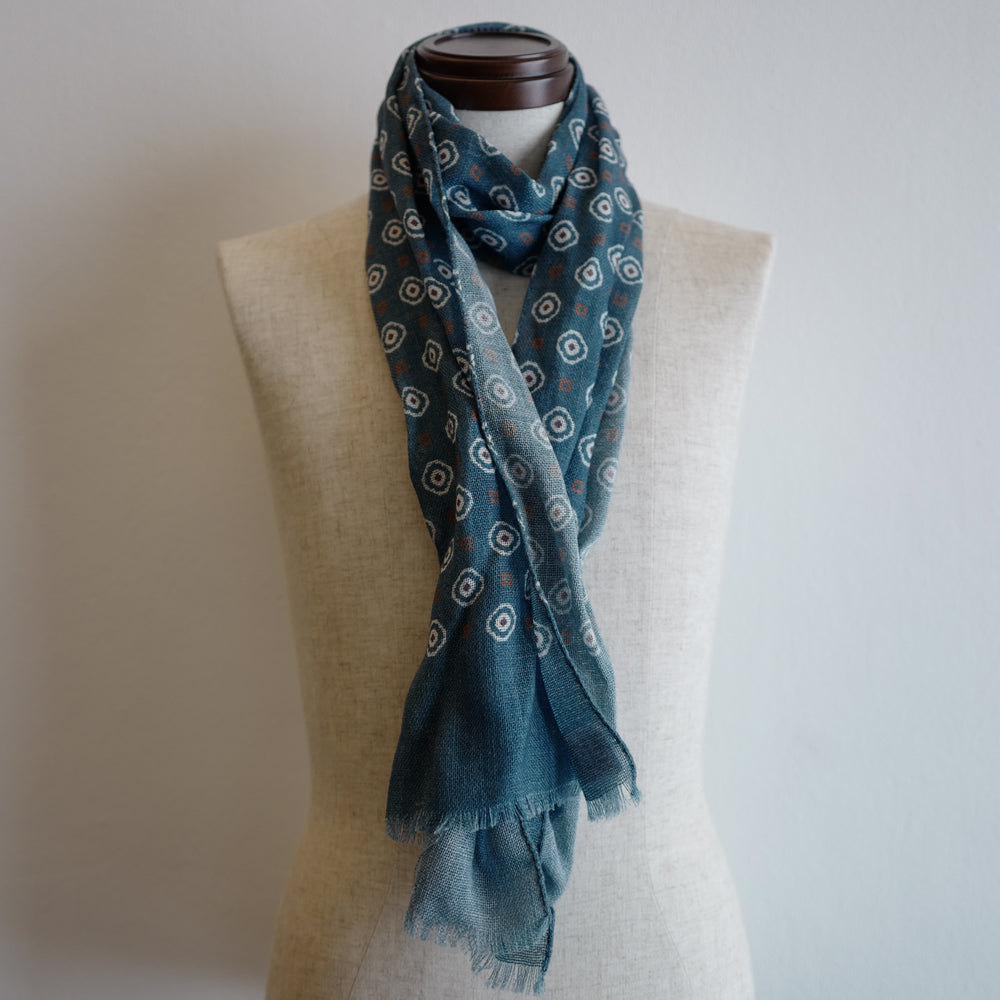Blue/White Wool Scarf with Medallion Print
