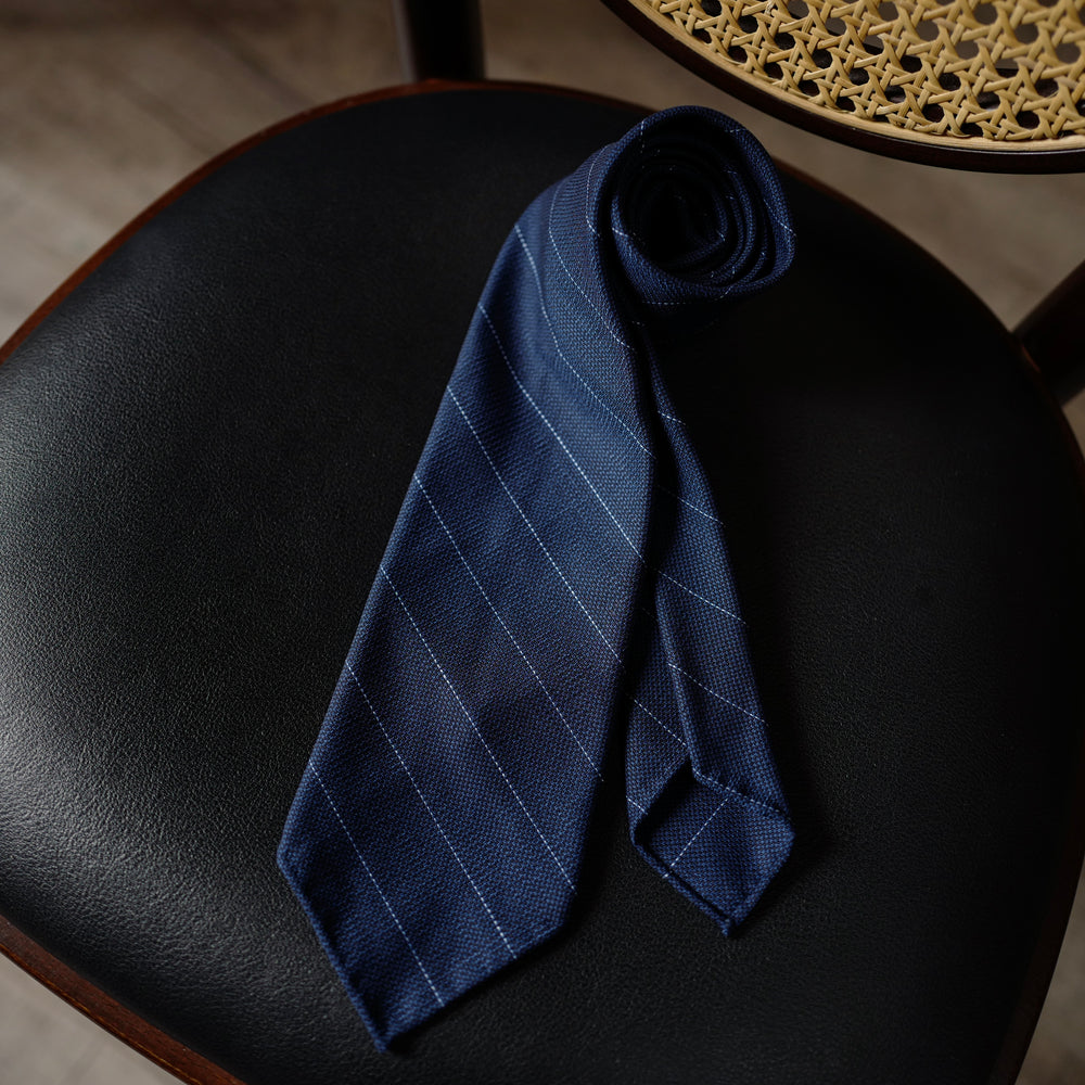 Navy Hopsack Wool Tie with wide stripes