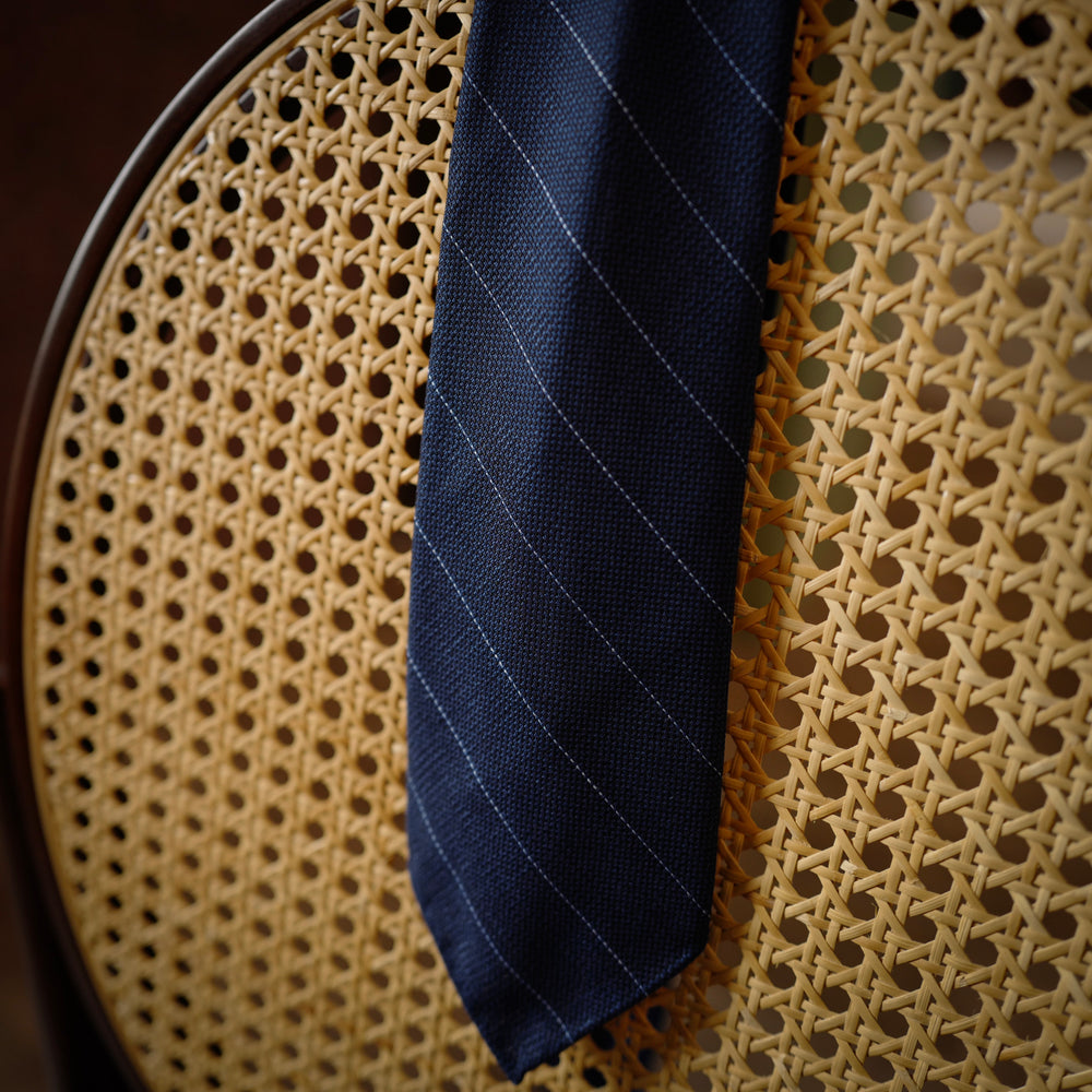 Navy Hopsack Wool Tie with wide stripes