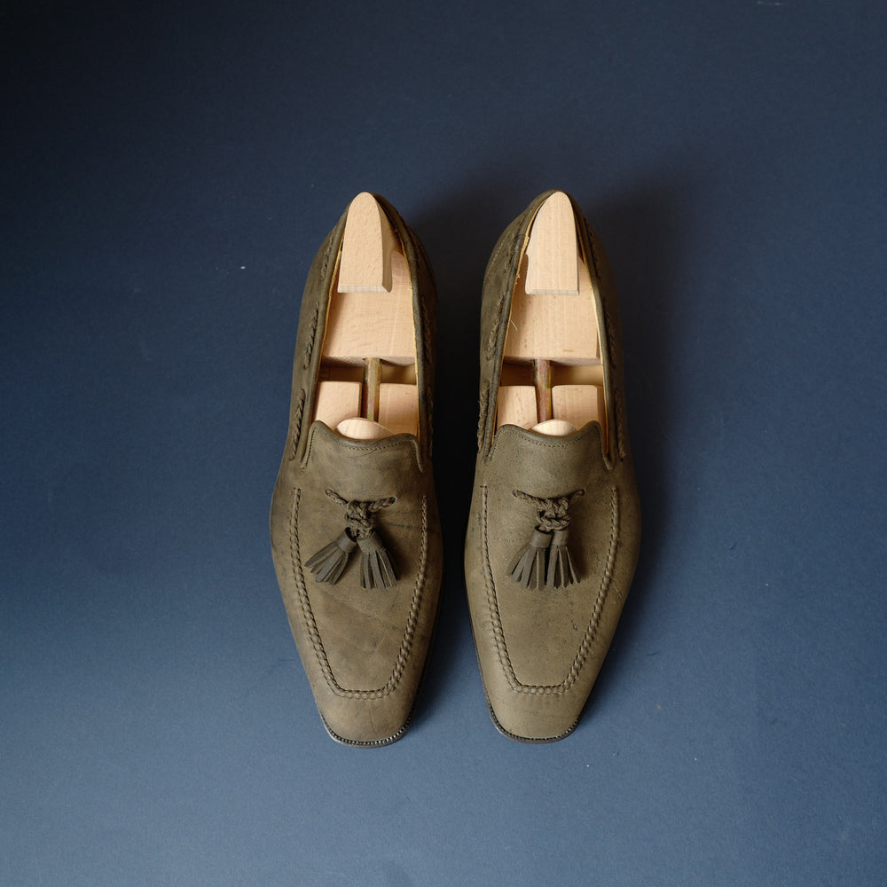 Braided Tassel Loafers in Green Loden Suede