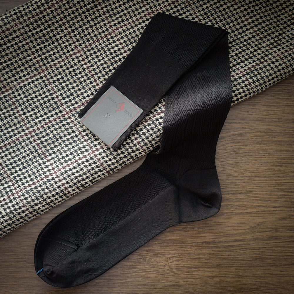 Dark Brown Cotton over-the-calf Socks with Herringbone Pattern