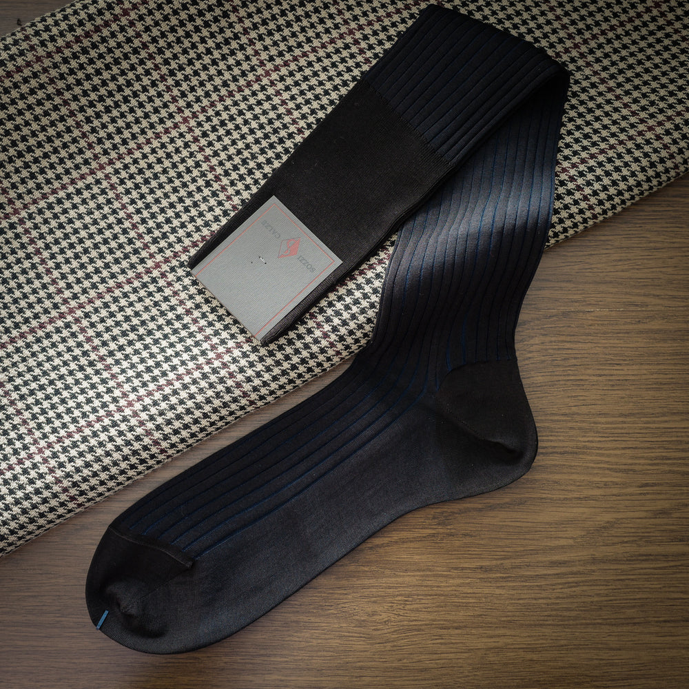 Dark Brown Cotton over-the-calf Ribbed Socks with Navy Contrasting Stripes