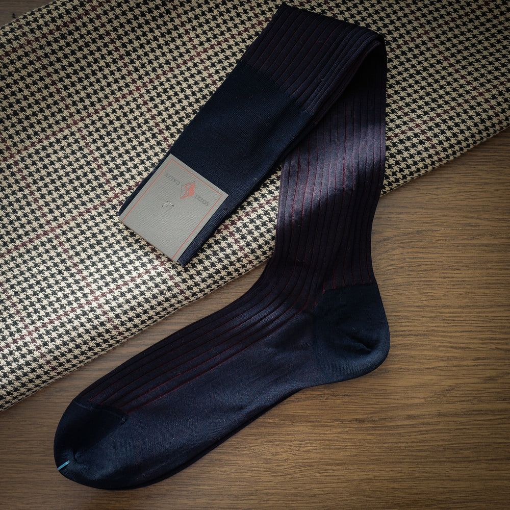 Navy Cotton over-the-calf Ribbed Socks with Burgundy Contrasting Stripes