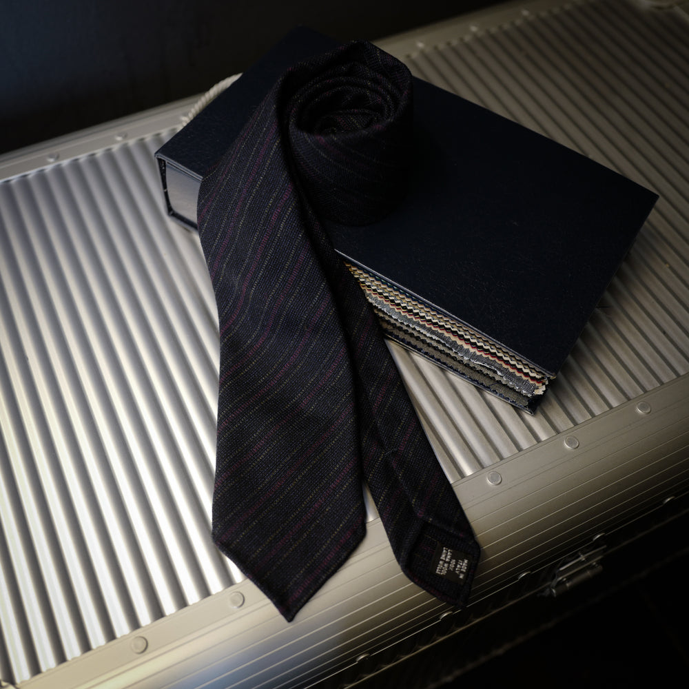 Navy Wool Tie with Red and Brown Stripes