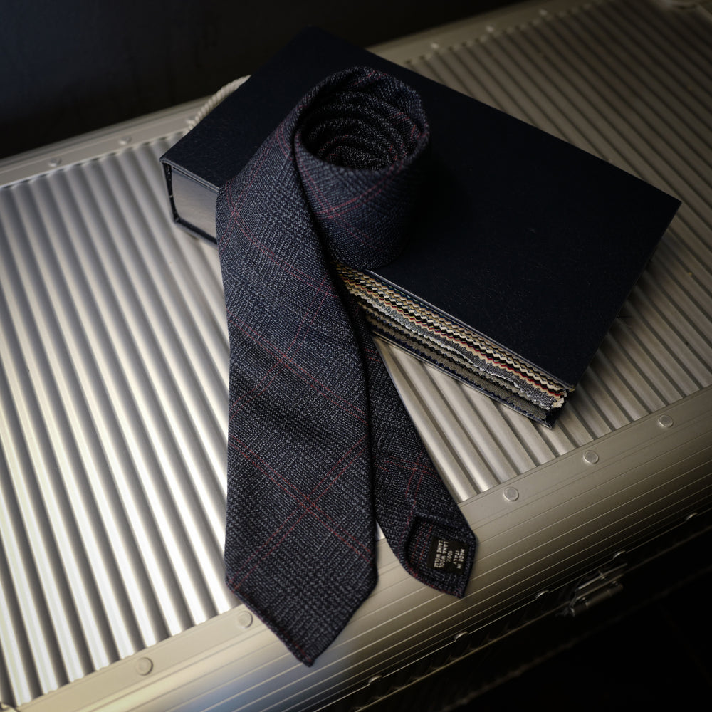 Navy Wool Tie with Woven Check Design