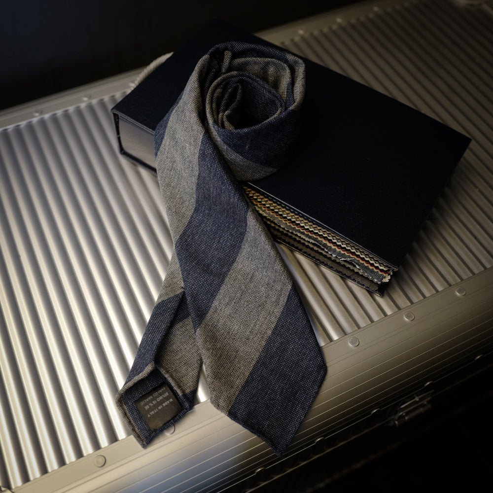 Blue Block Stripes Seven-Fold Wool/Silk Tie