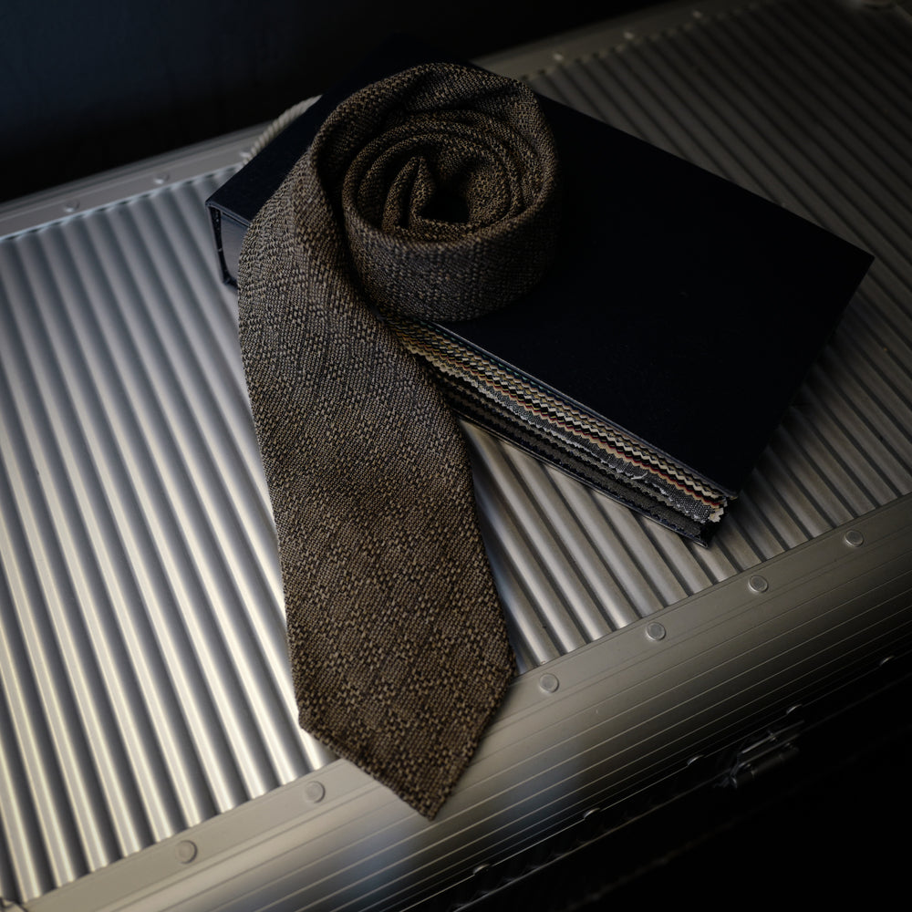 Brown Seven-Fold Wool/Silk Tie with Woven Design