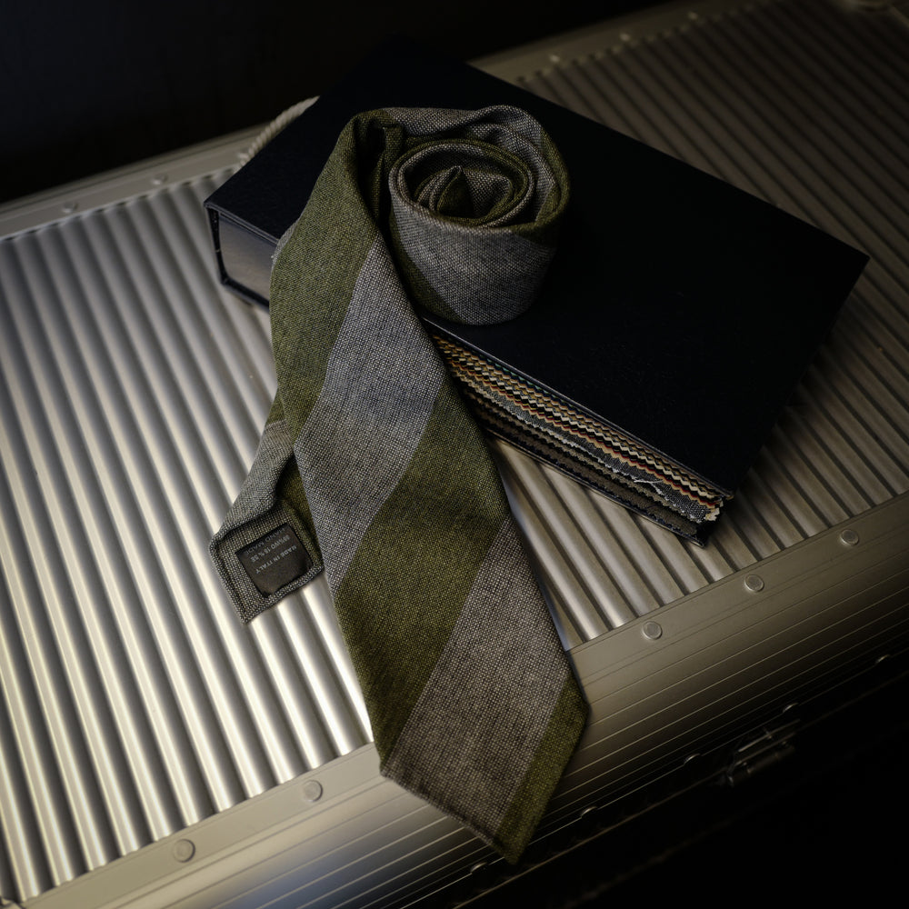 Green Block Stripes Seven-Fold Wool/Silk Tie