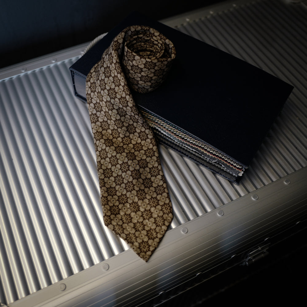 Brown Seven-Fold Wool/Silk Tie with Floral Print