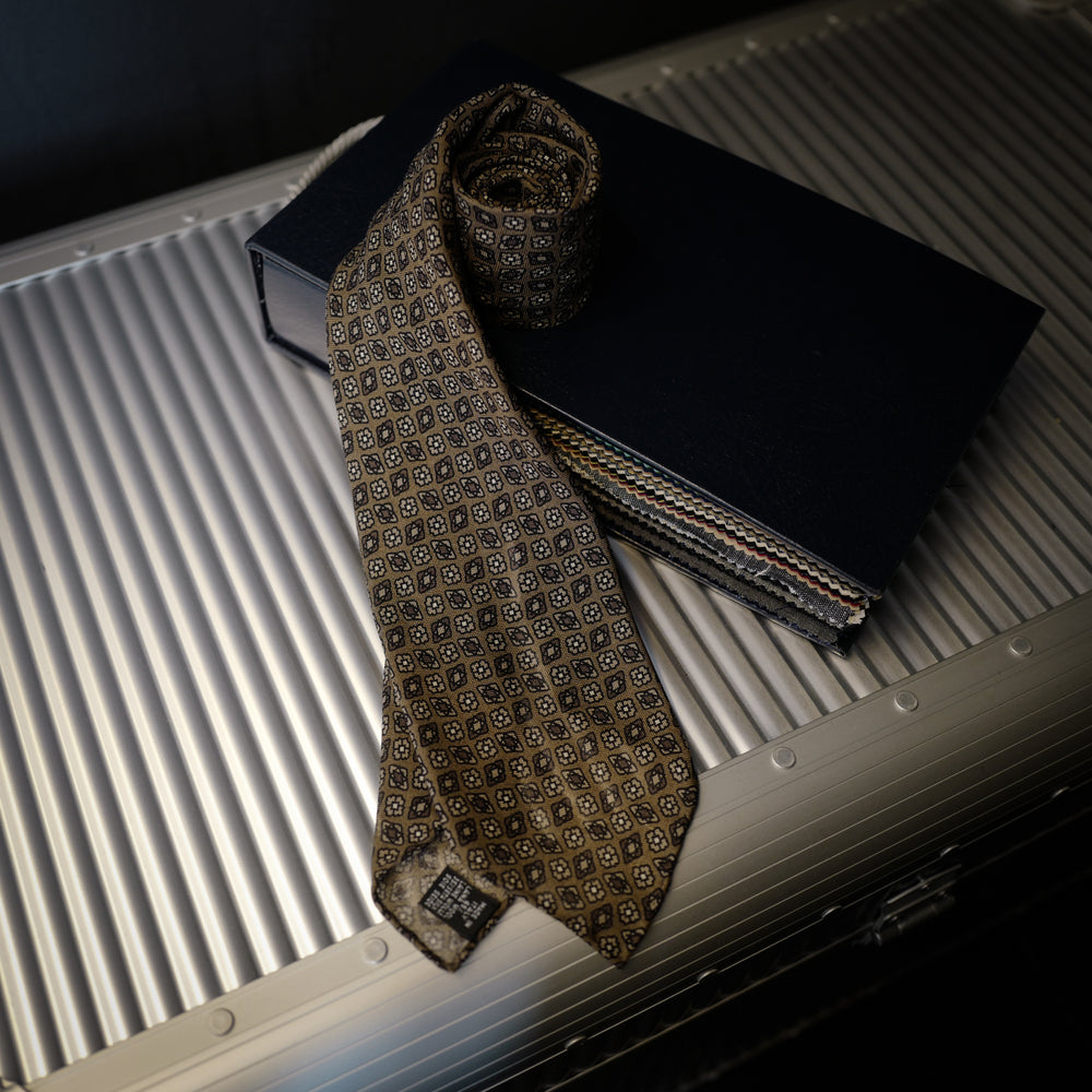 Brown Seven-Fold Wool/Silk Tie with Tile Print
