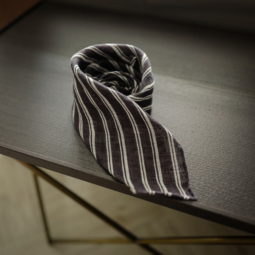 Brown Seven-Fold Linen Tie with Multi Stripes