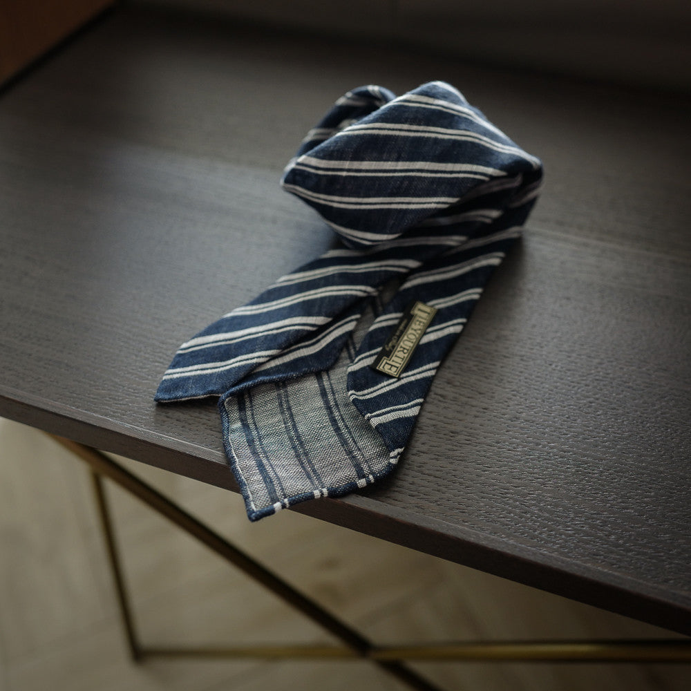 Navy Seven-Fold Linen Tie with Multi Stripes
