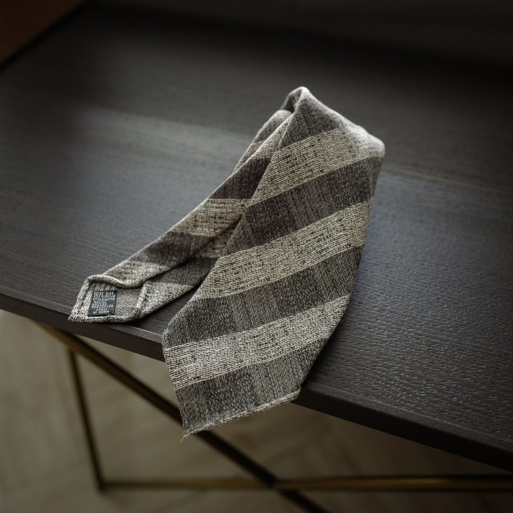 Brown Seven-Fold Silk/Cotton Tie in Block Stripes