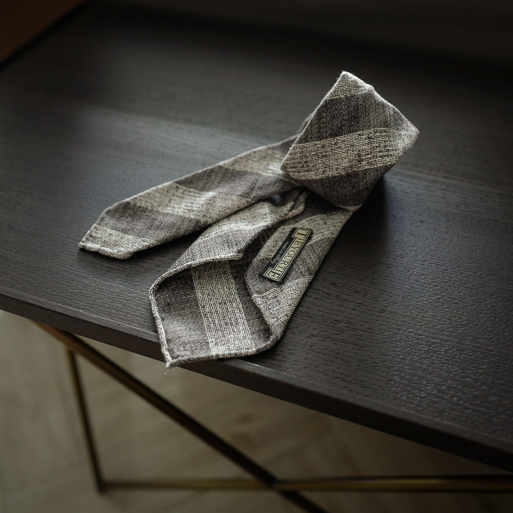 Brown Seven-Fold Silk/Cotton Tie in Block Stripes