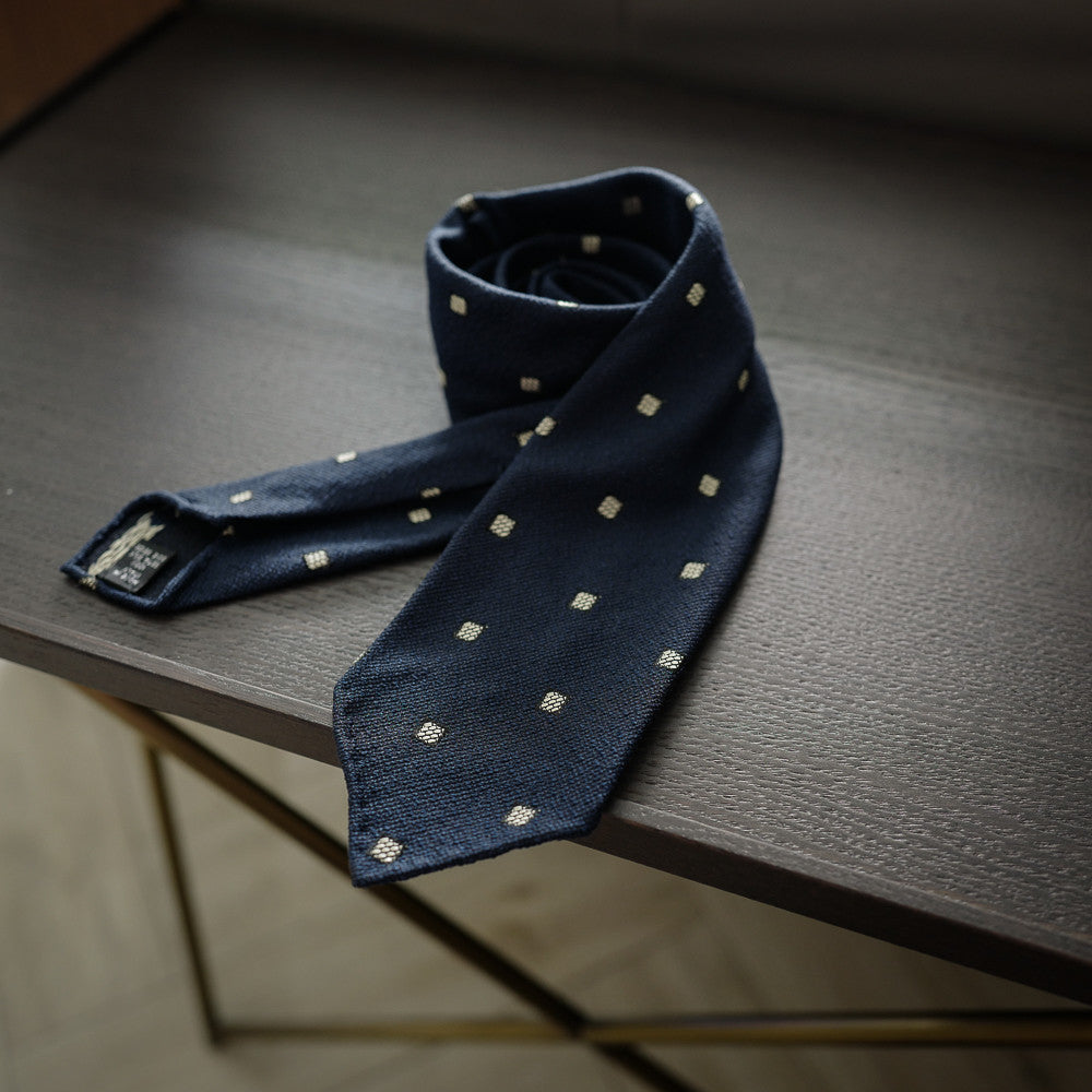 Navy Seven-Fold Woven Silk Tie with Diamond Motif