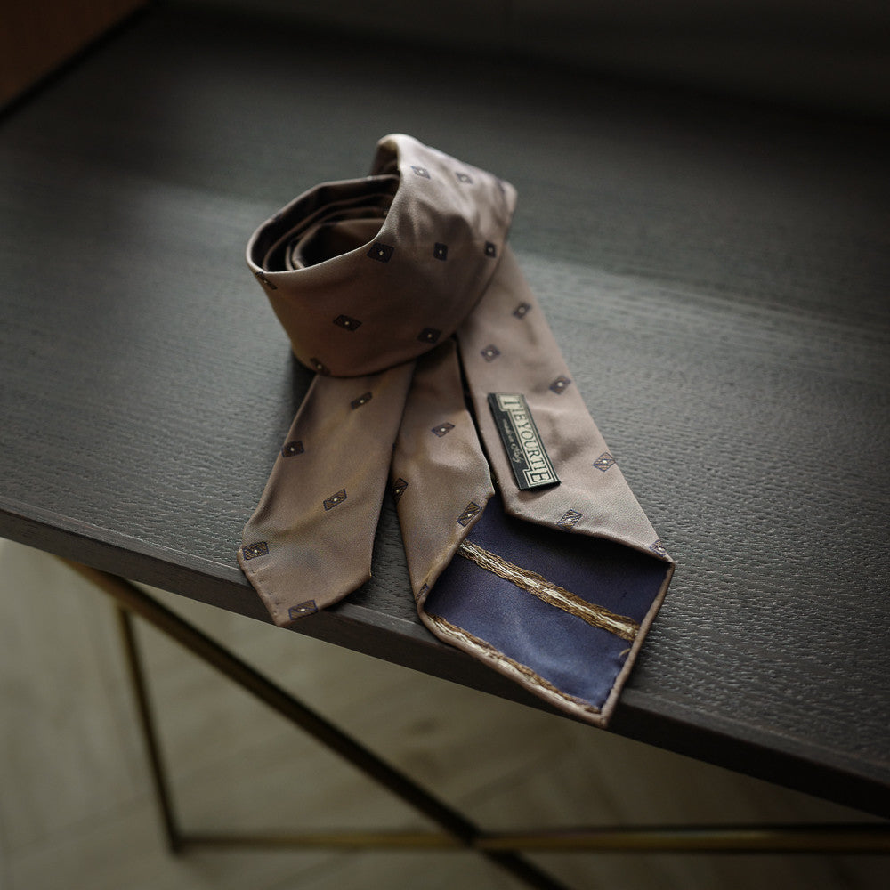 Brown Seven-Fold Silk Tie with Woven Diamond Motif