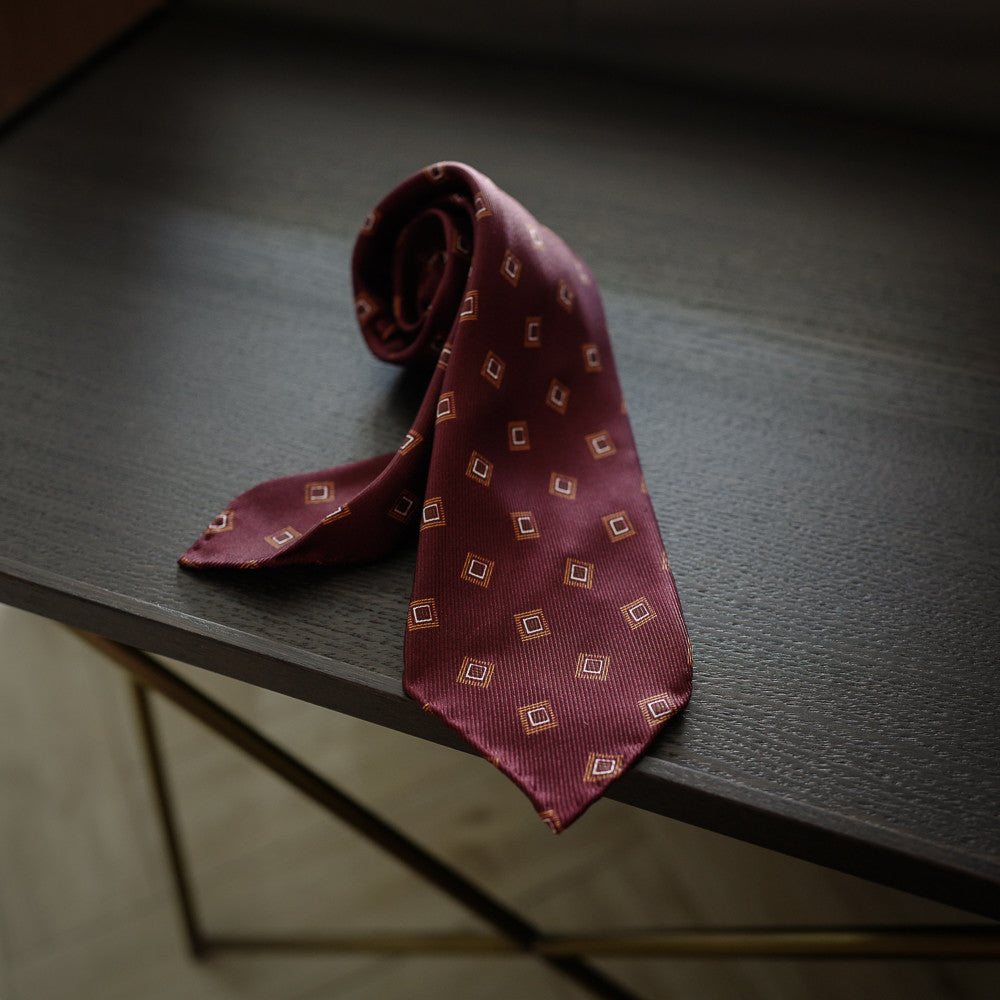 Burgundy Seven-Fold Repp Silk Tie with Diamond Print
