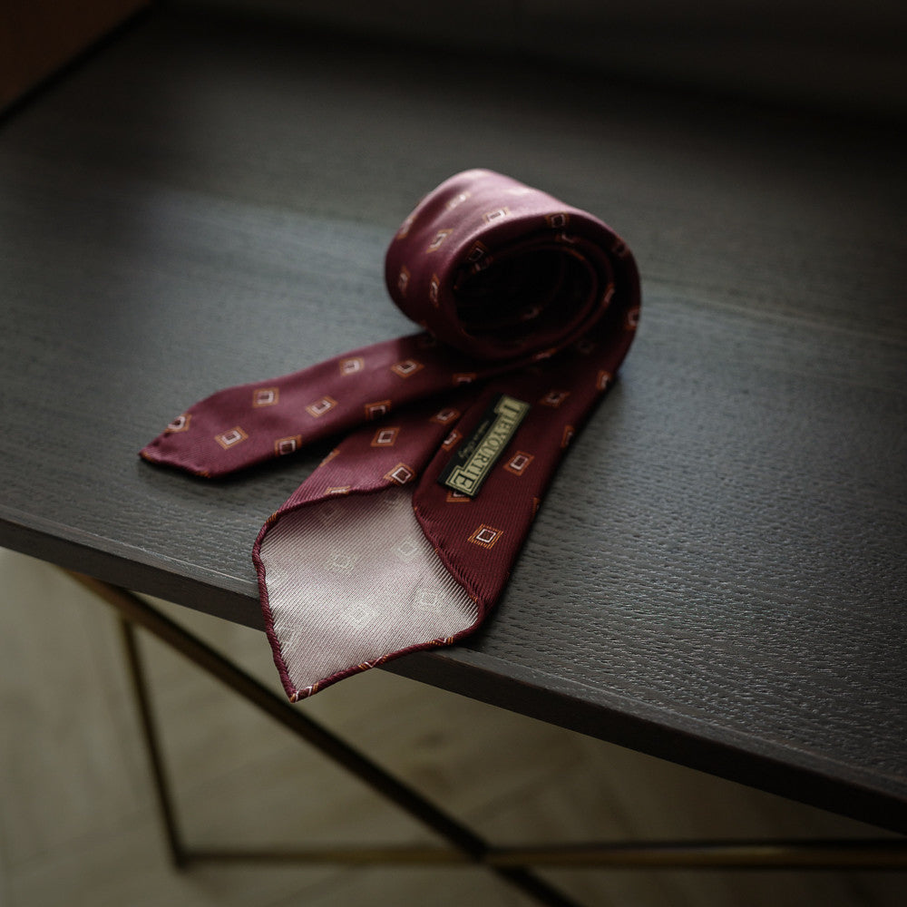 Burgundy Seven-Fold Repp Silk Tie with Diamond Print