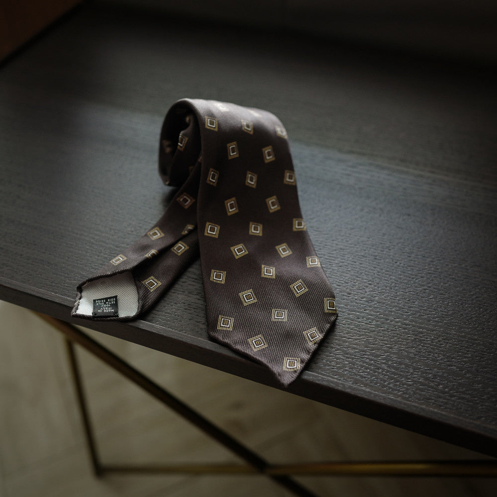 Brown Seven-Fold Repp Silk Tie with Diamond Print