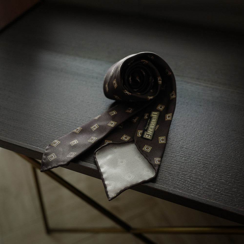 Brown Seven-Fold Repp Silk Tie with Diamond Print