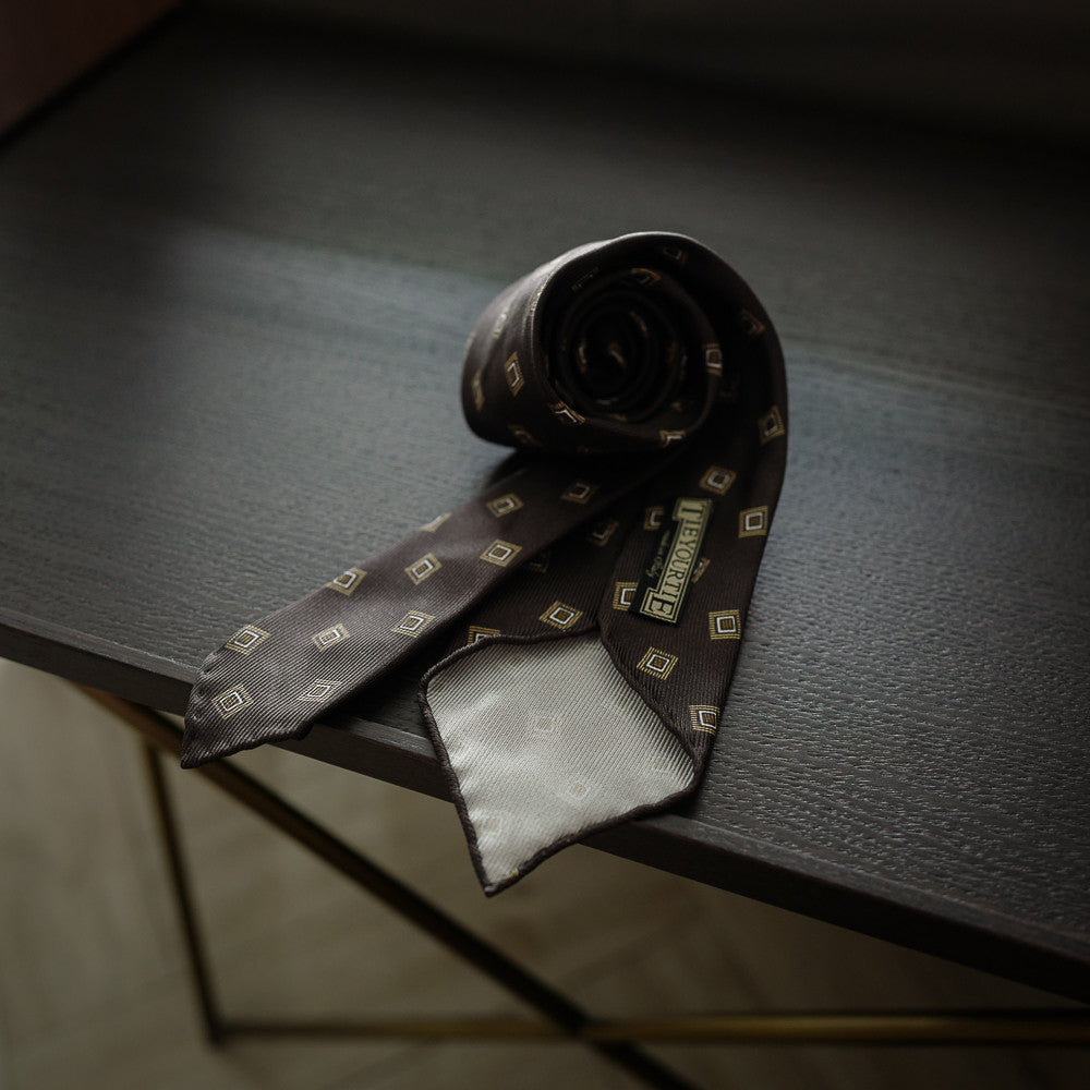 Brown Seven-Fold Repp Silk Tie with Diamond Print