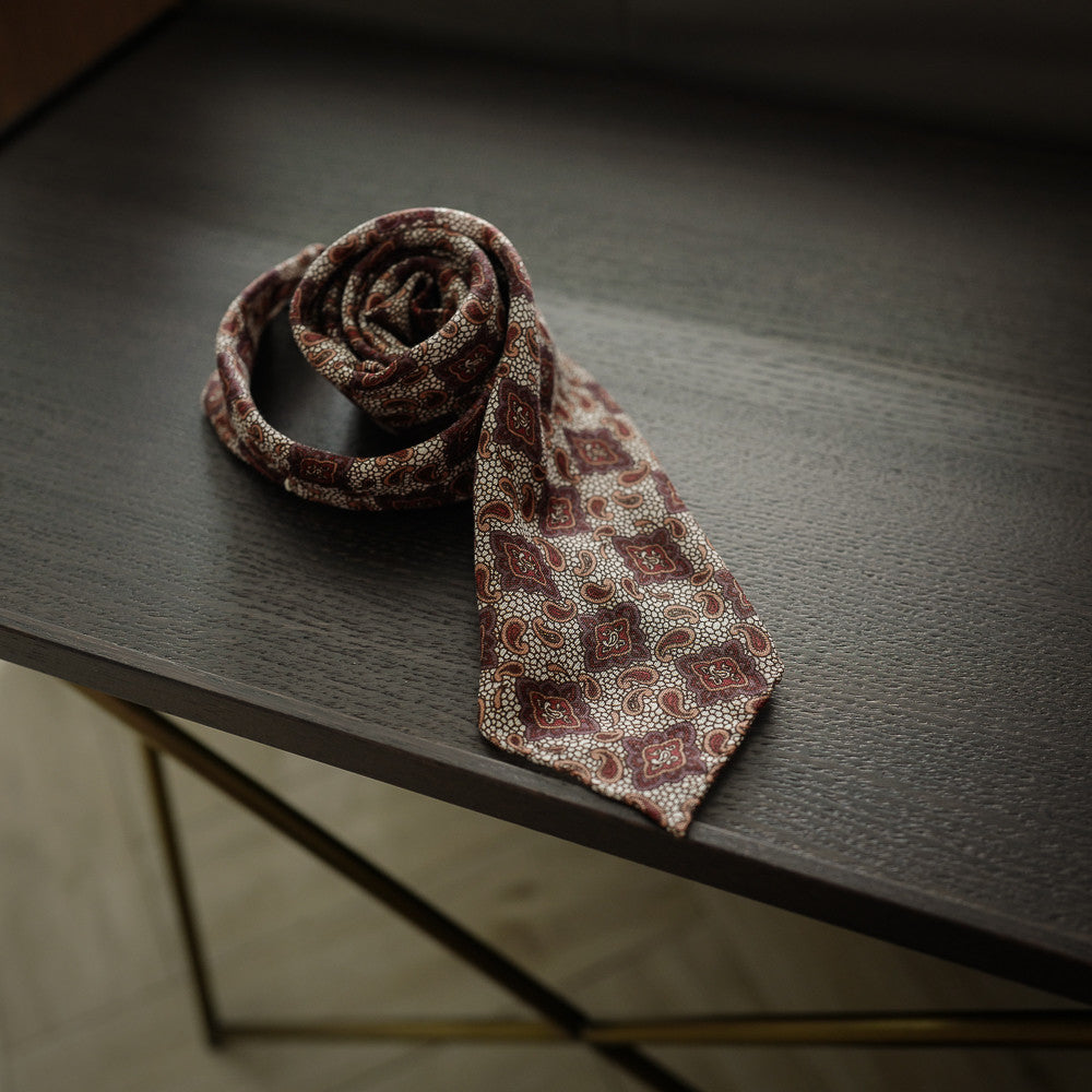 Brown Seven-Fold Wool/Silk Tie with Paisley Print