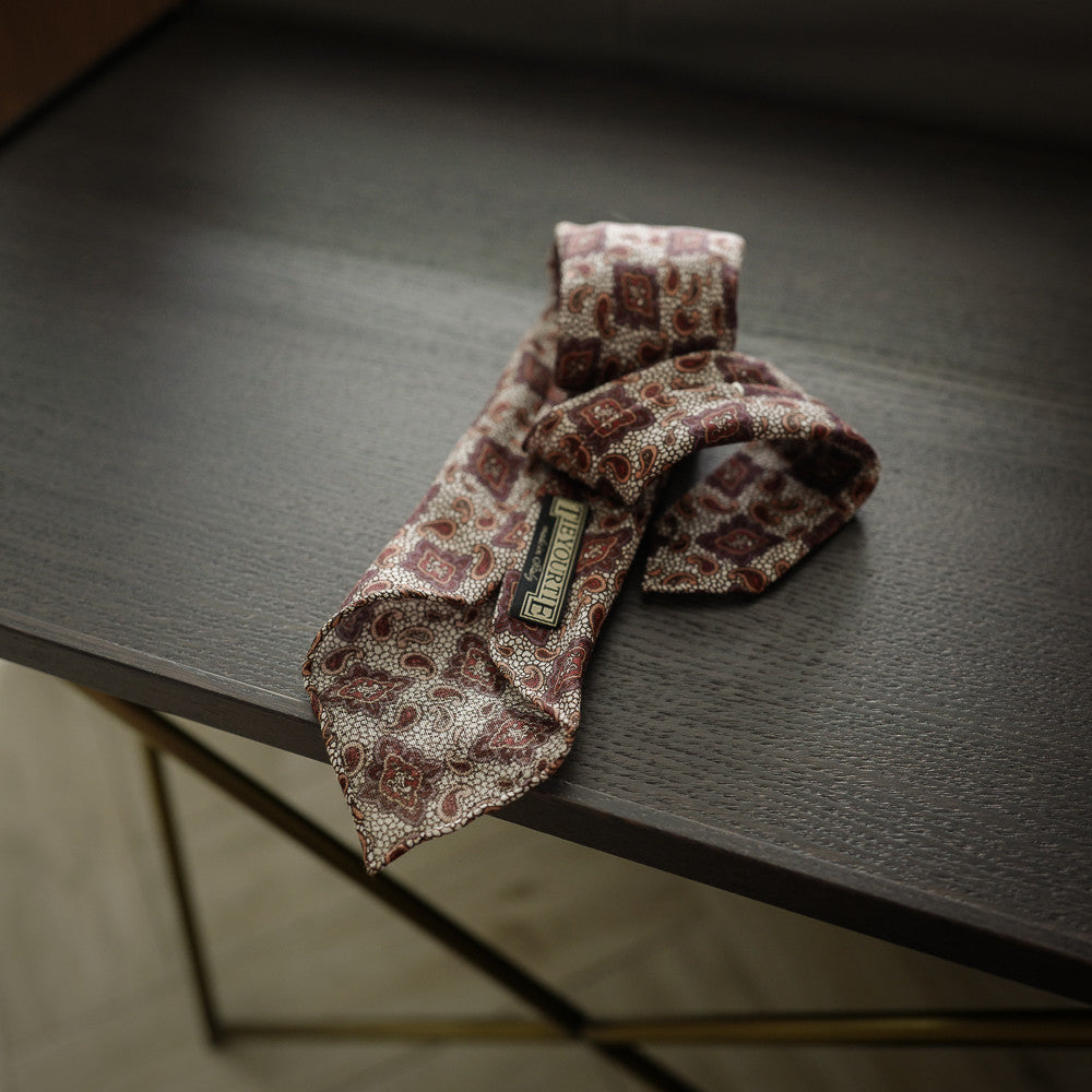 Brown Seven-Fold Wool/Silk Tie with Paisley Print