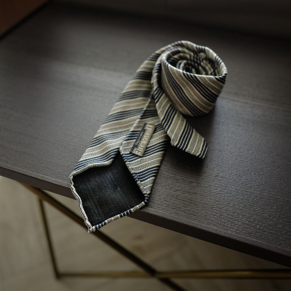 Navy Seven-Fold Silk Tie with Multi Stripes