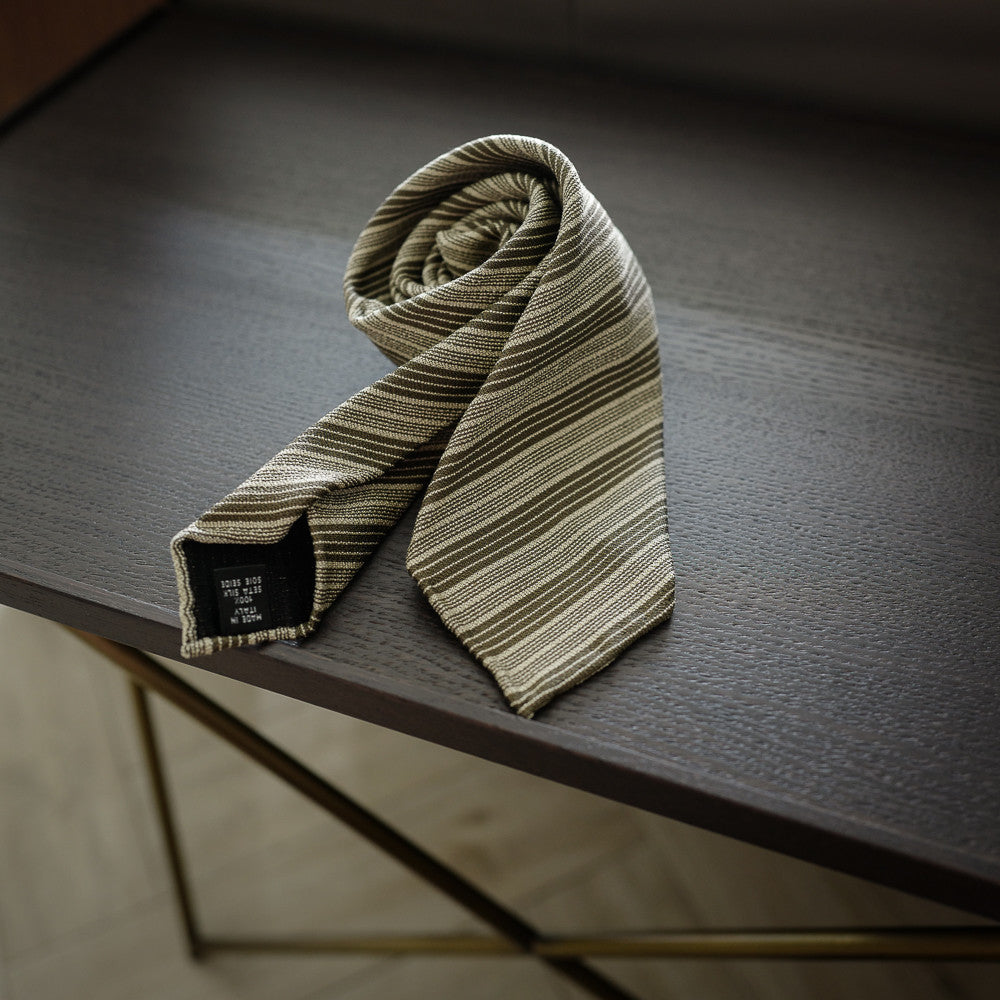 Khaki Seven-Fold Silk Tie with Multi Stripes