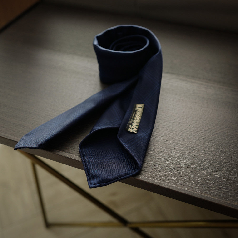 Navy Seven-Fold Wool Tie with Check Design