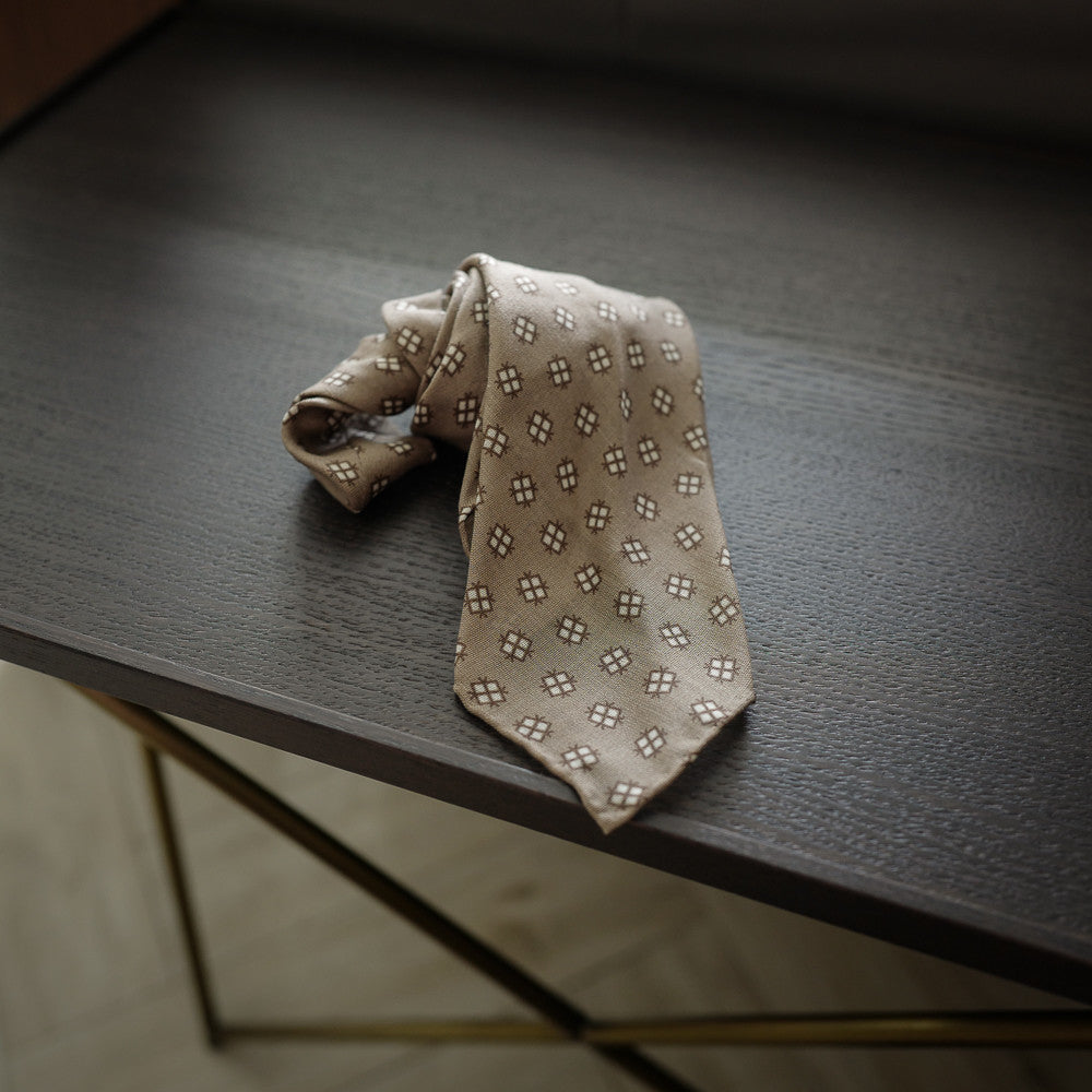 Beige Seven-Fold Wool/Silk Tie with Diamond Print