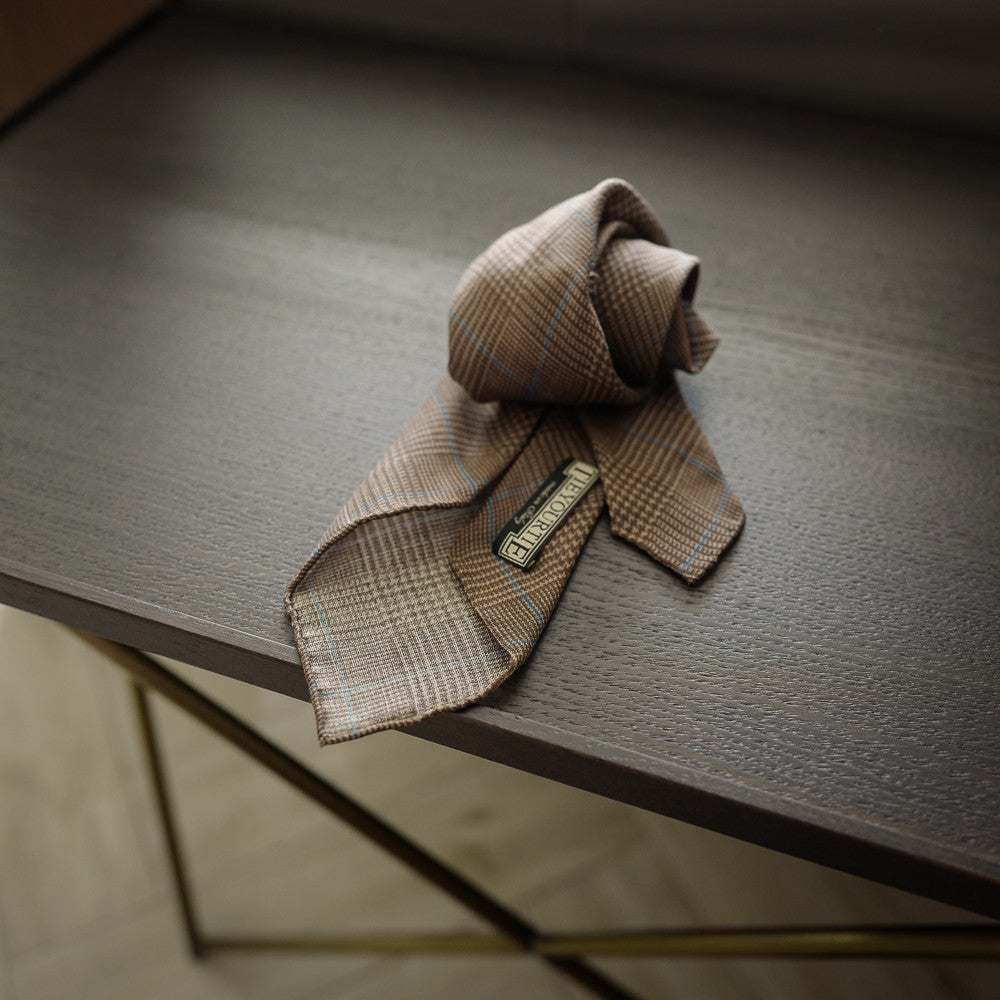 Brown Seven-Fold Wool/Silk Tie with Over Check Print
