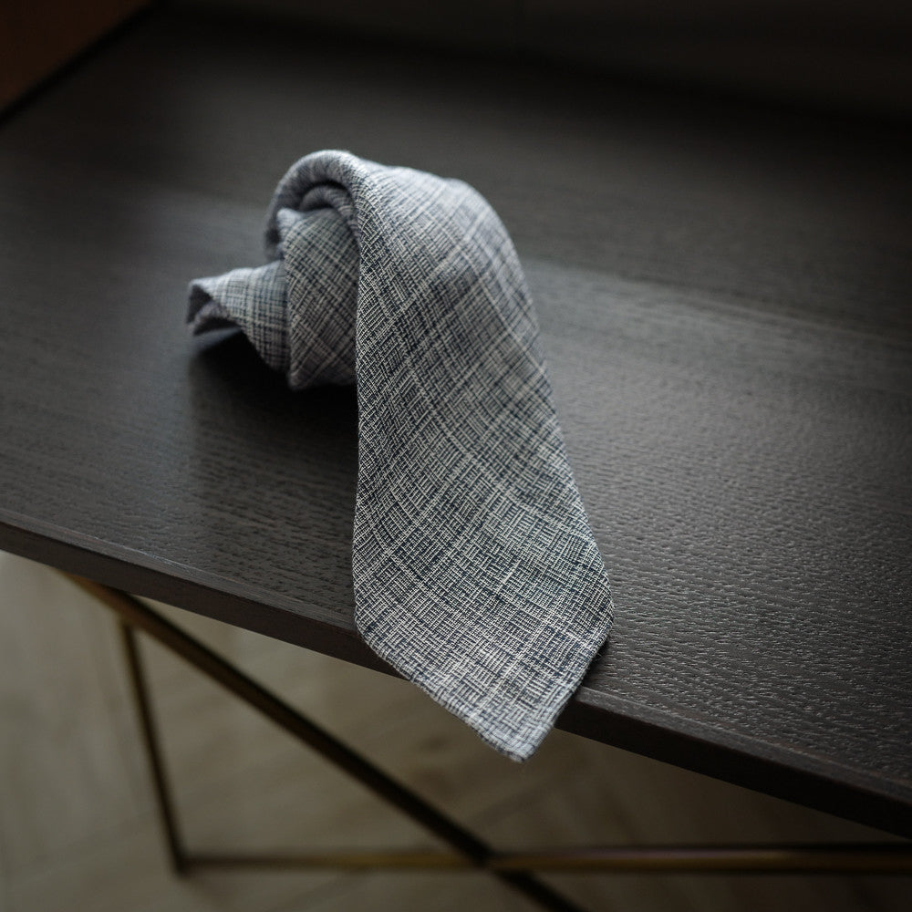 Blue Seven-Fold Linen Tie with Textured Weave