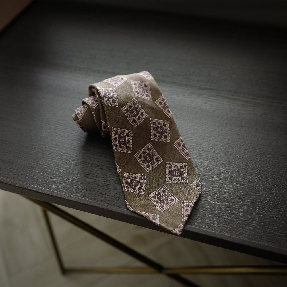Brown Seven-Fold Wool/Silk Tie with Tile Print