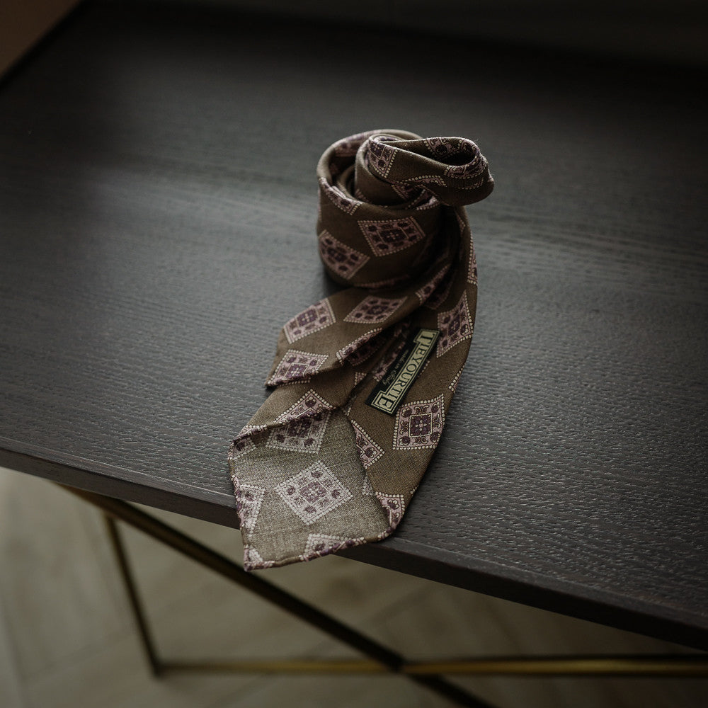 Brown Seven-Fold Wool/Silk Tie with Tile Print