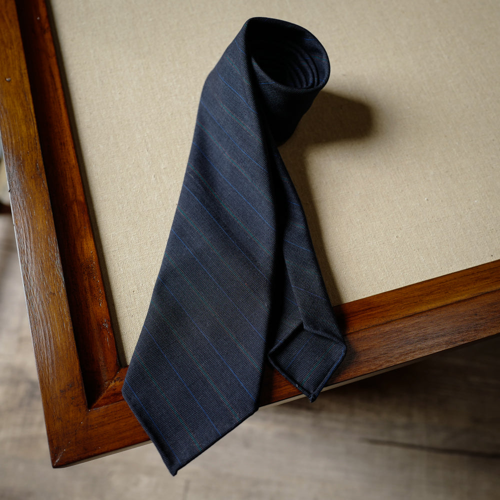 Multi-stripes Navy Wool Tie with Green Stripes