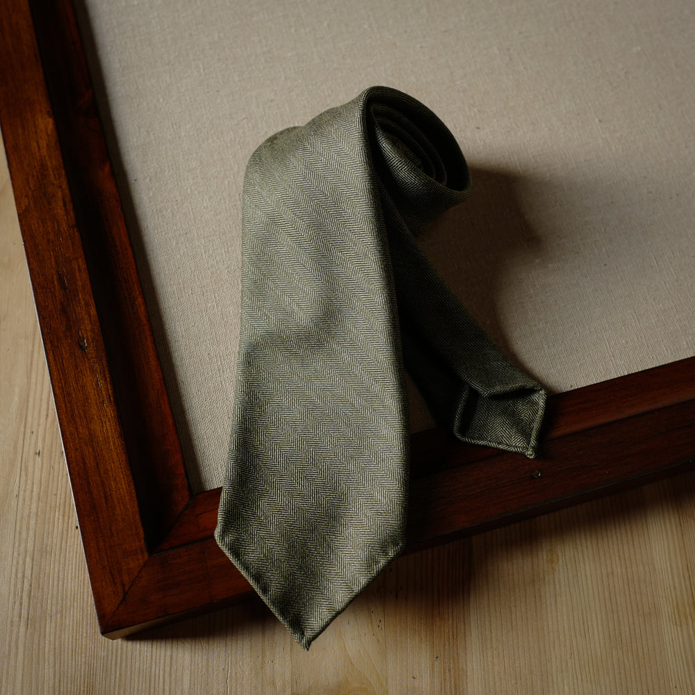 Olive Cream Wool Tie with Herringbone Pattern