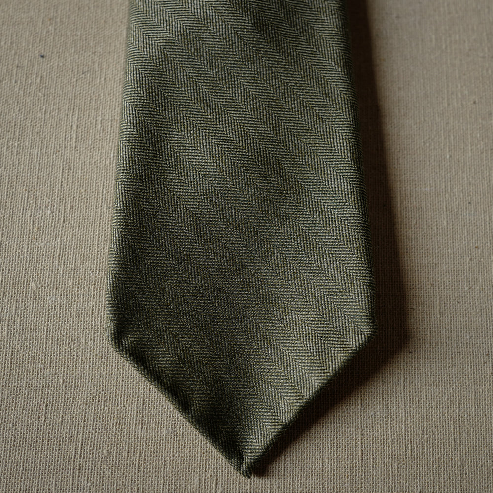 Olive Cream Wool Tie with Herringbone Pattern