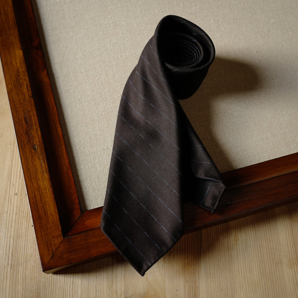 Dark Brown Wool Tie with Navy Woven Stripes