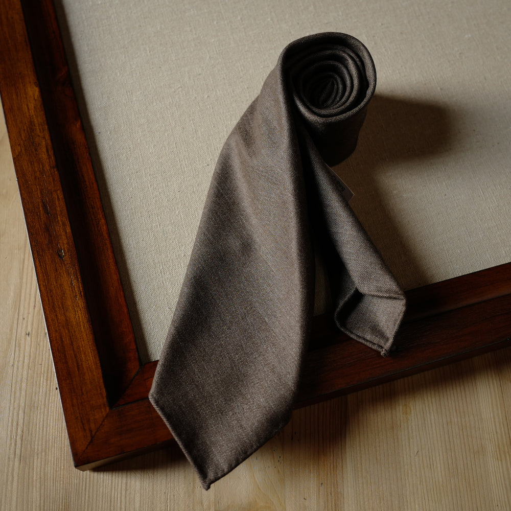 Brown Undyed Escorial Wool Tie with Herringbone Pattern