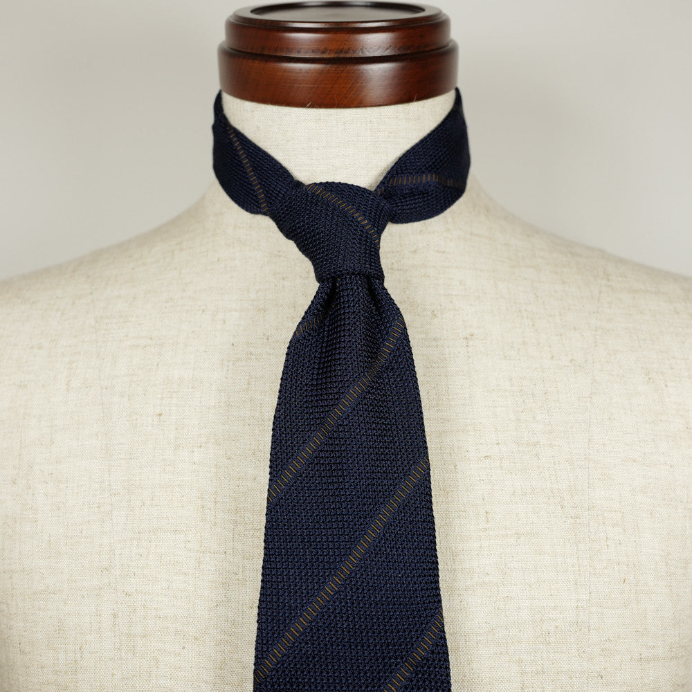 Navy Grenadine Six-Fold Tie with Brown Stripes
