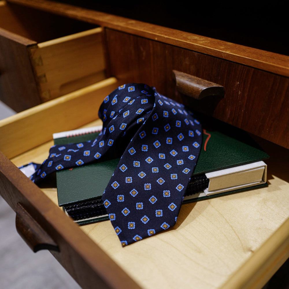 Navy Seven-Fold Printed Silk Tie with Blue Diamond Motif