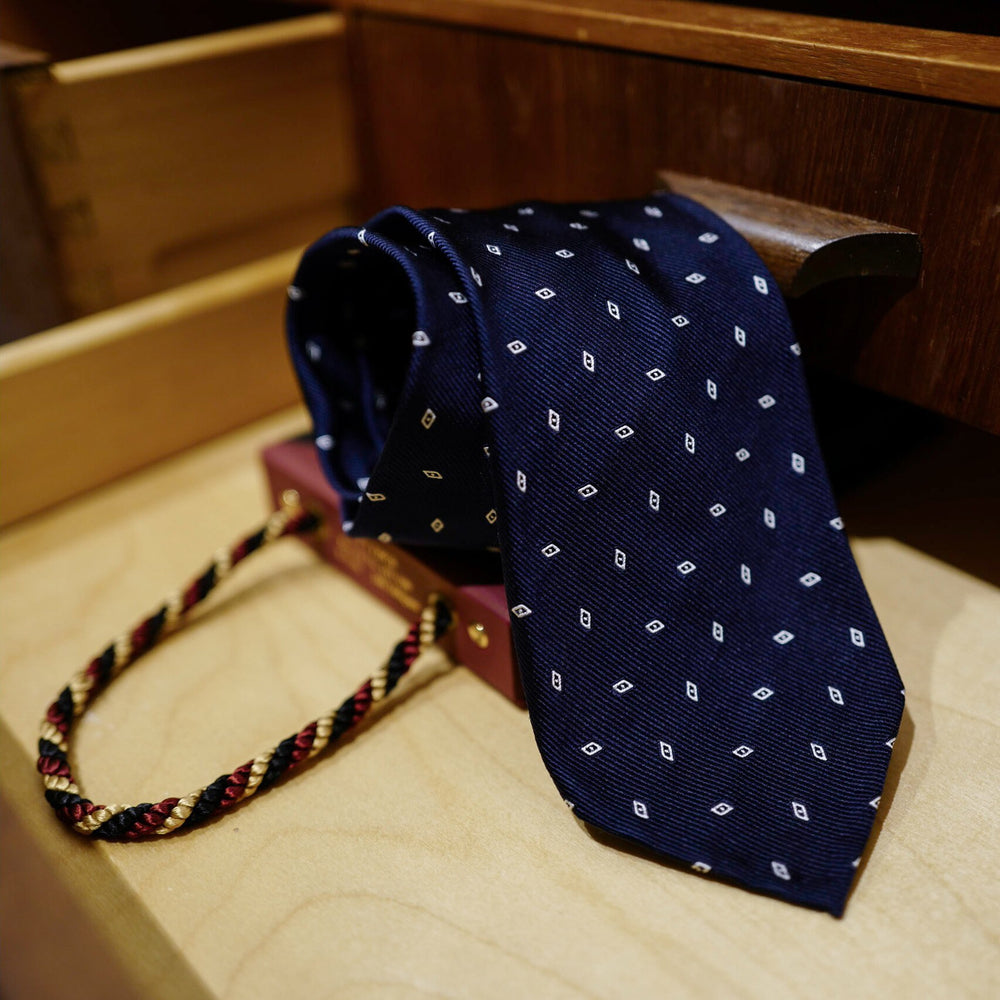 Navy Seven-Fold Repp Silk Tie with White Diamond Motif