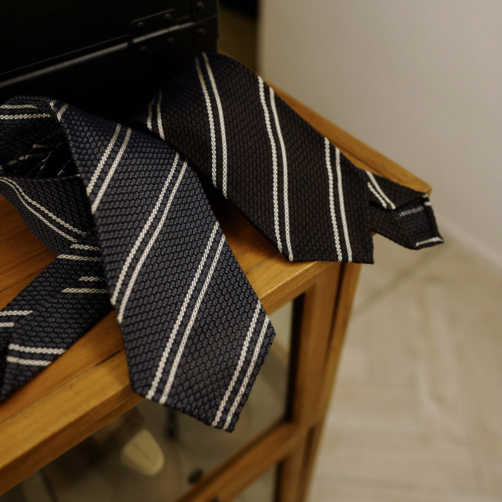 Grey Grenadine Seven-Fold Tie with Double White Stripes